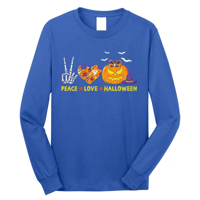 Peace Love Halloween Skeleton Hand And Pumpkin Leopard Heart Gift Long Sleeve Shirt