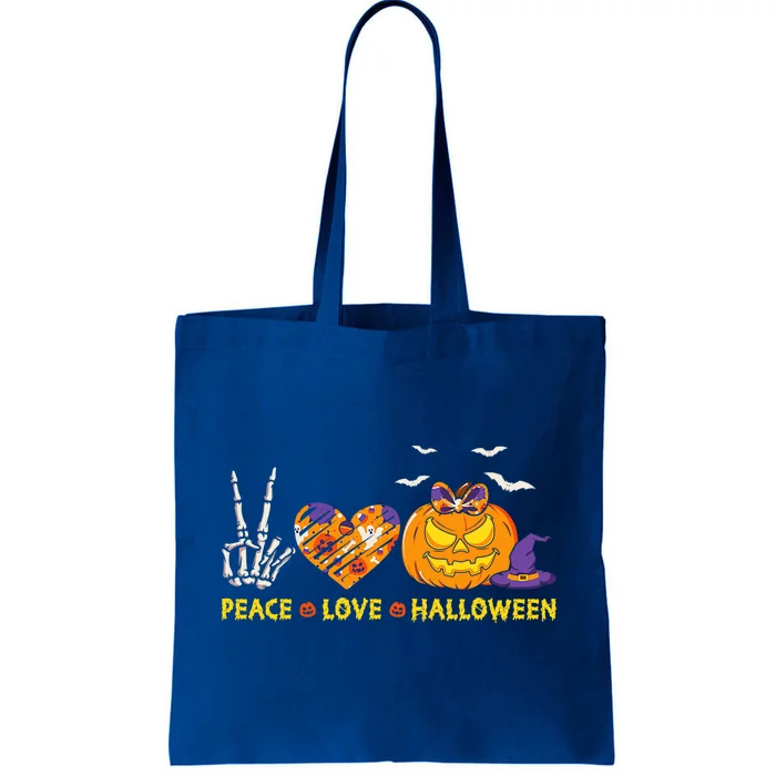 Peace Love Halloween Skeleton Hand And Pumpkin Leopard Heart Gift Tote Bag