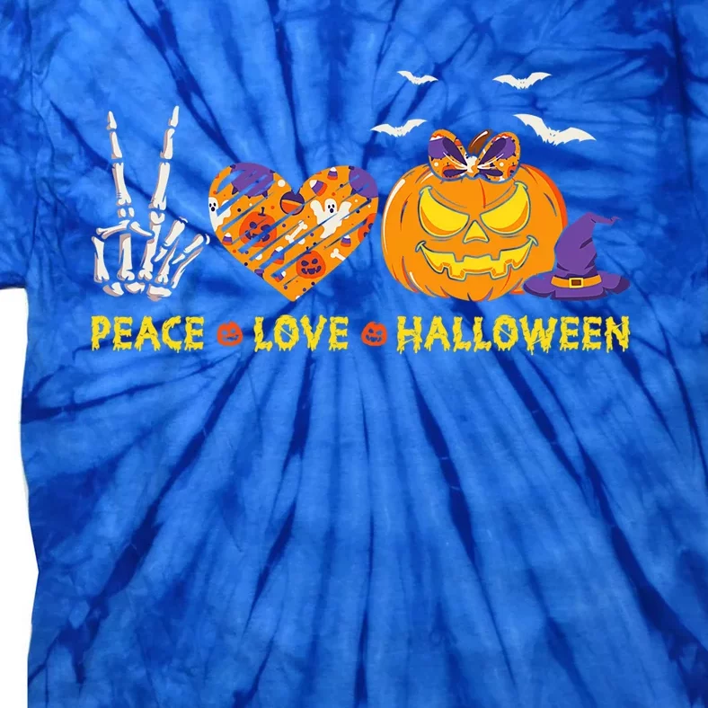 Peace Love Halloween Skeleton Hand And Pumpkin Leopard Heart Gift Tie-Dye T-Shirt