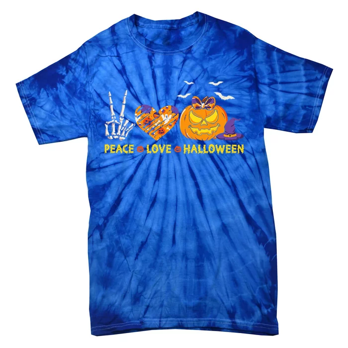 Peace Love Halloween Skeleton Hand And Pumpkin Leopard Heart Gift Tie-Dye T-Shirt