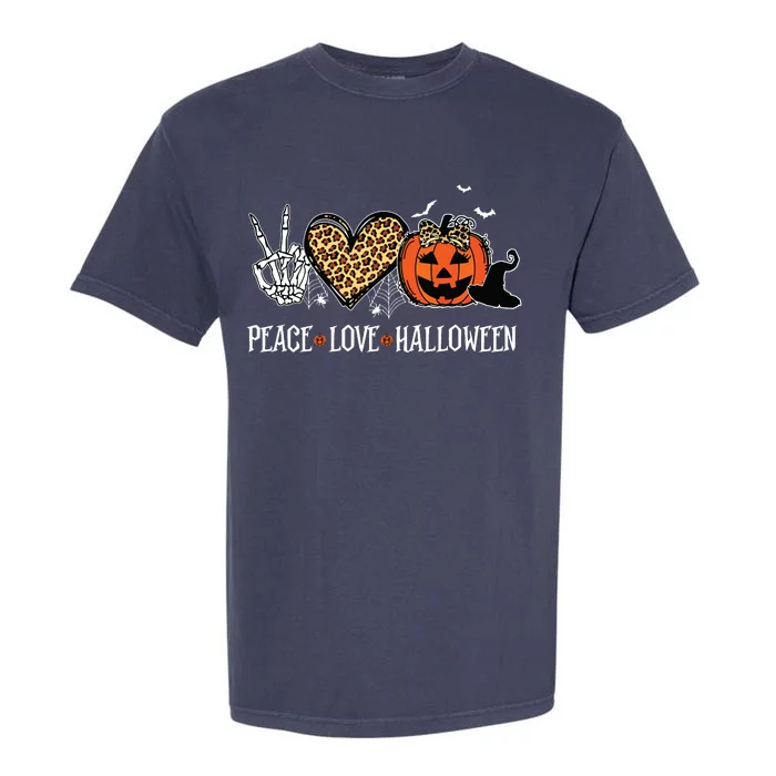 Peace Love Halloween Happy Halloween Pumpkin Leopard Heart Garment-Dyed Heavyweight T-Shirt