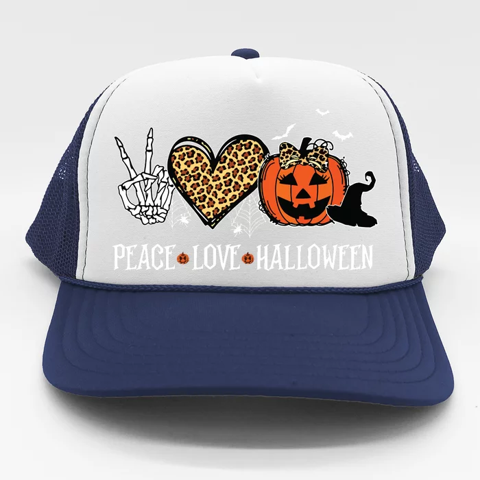 Peace Love Halloween Happy Halloween Pumpkin Leopard Heart Trucker Hat