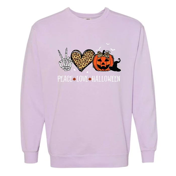 Peace Love Halloween Happy Halloween Pumpkin Leopard Heart Garment-Dyed Sweatshirt