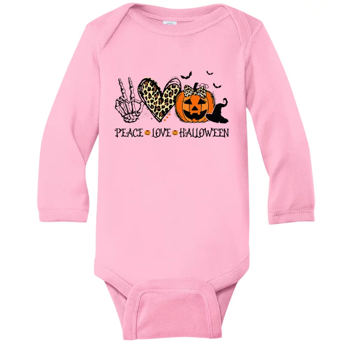 Peace Love Halloween Happy Halloween Pumpkin Leopard Heart Baby Long Sleeve Bodysuit