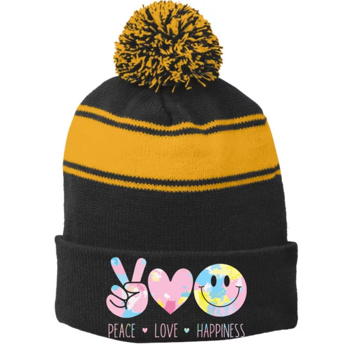 Peace Love Happiness Rainbow Tie Dye Smile Face Cute Stripe Pom Pom Beanie