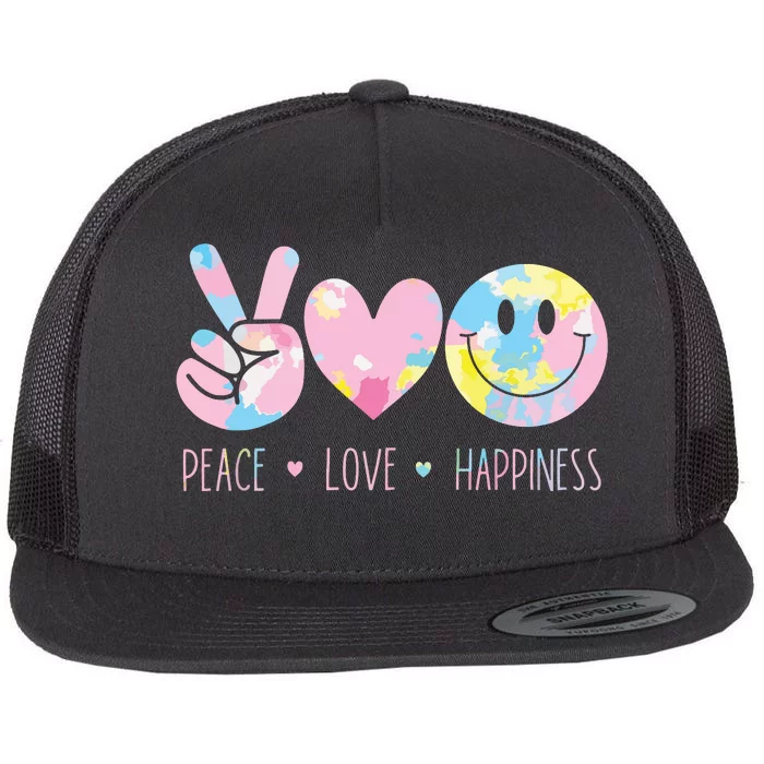 Peace Love Happiness Rainbow Tie Dye Smile Face Cute Flat Bill Trucker Hat