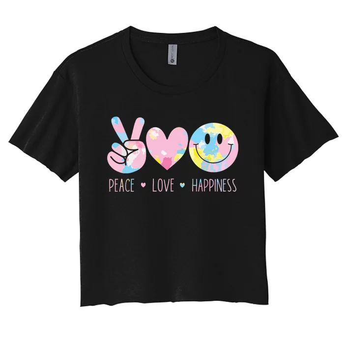 Peace Love Happiness Rainbow Tie Dye Smile Face Cute Women's Crop Top Tee