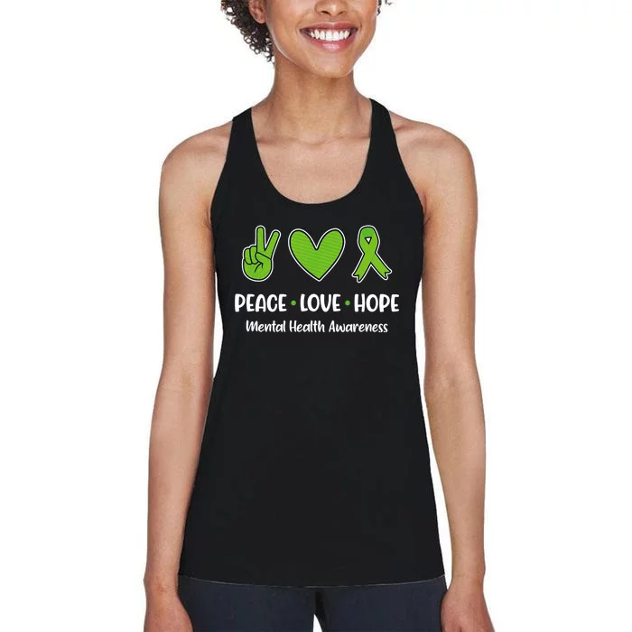 Peace Love Hope Mental Health Awareness Green Ribbon Funny Women's Racerback Tank