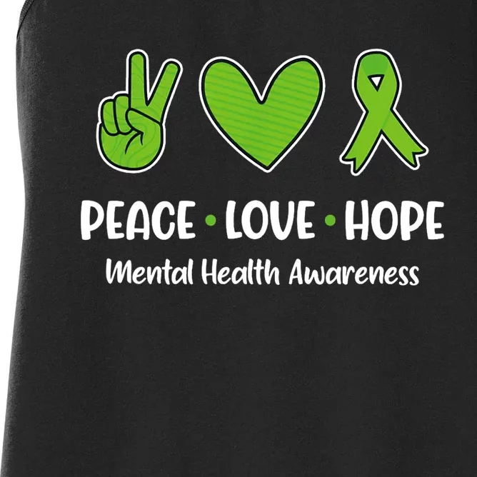 Peace Love Hope Mental Health Awareness Green Ribbon Funny Women's Racerback Tank