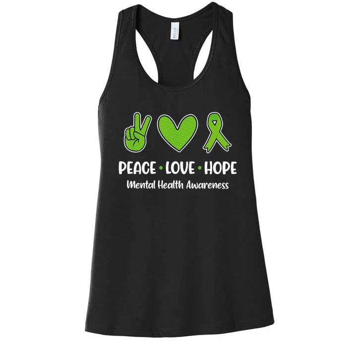 Peace Love Hope Mental Health Awareness Green Ribbon Funny Women's Racerback Tank