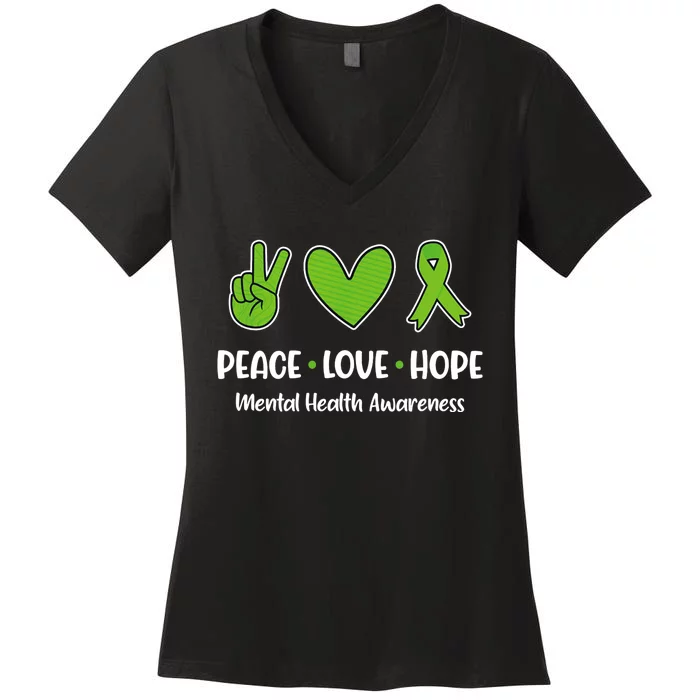 Peace Love Hope Mental Health Awareness Green Ribbon Funny Women's V-Neck T-Shirt