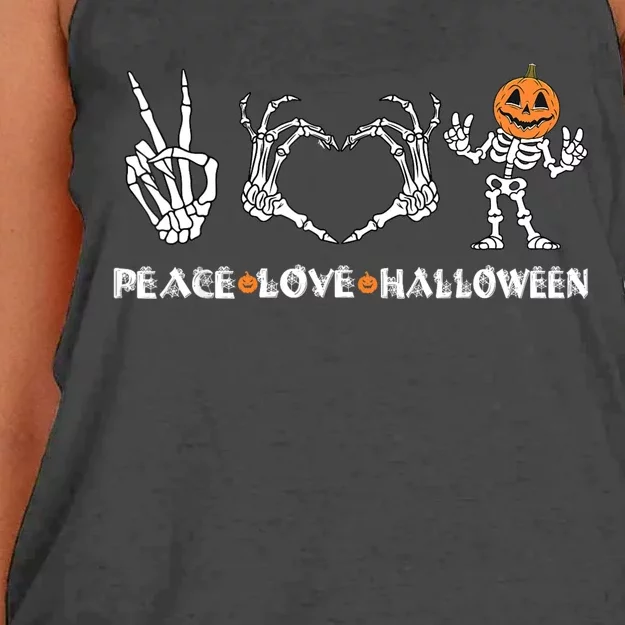 Peace Love Halloween Happy Halloween Pumpkin Skeleton Hands Women's Knotted Racerback Tank