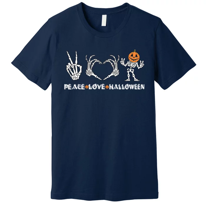 Peace Love Halloween Happy Halloween Pumpkin Skeleton Hands Premium T-Shirt