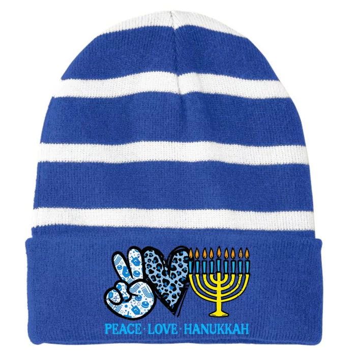 Peace Love Hanukkah Chanukah Menorah Jewish Striped Beanie with Solid Band