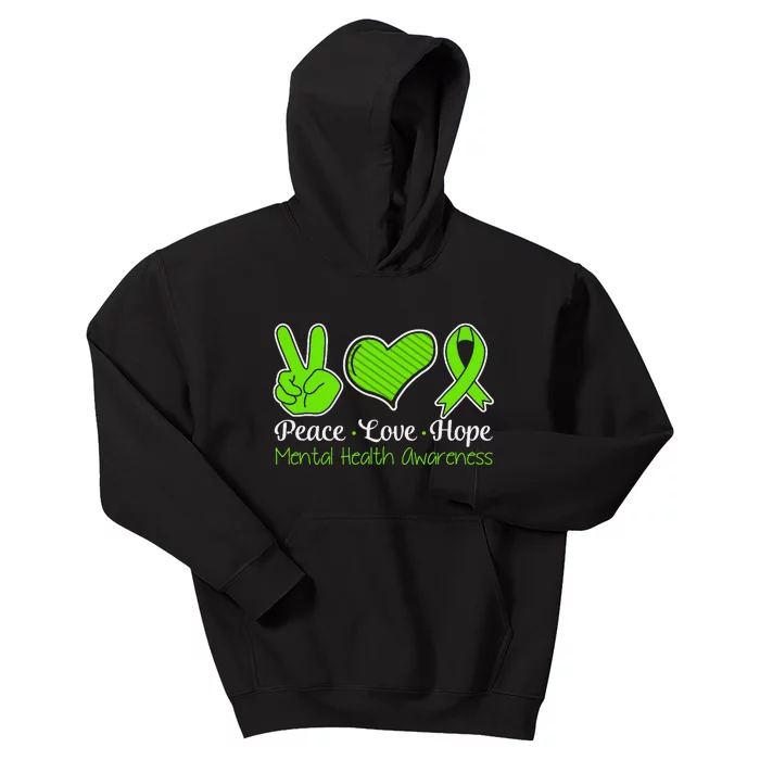 Peace Love Hope Mental Health Awareness Green Ribbon Retro Kids Hoodie