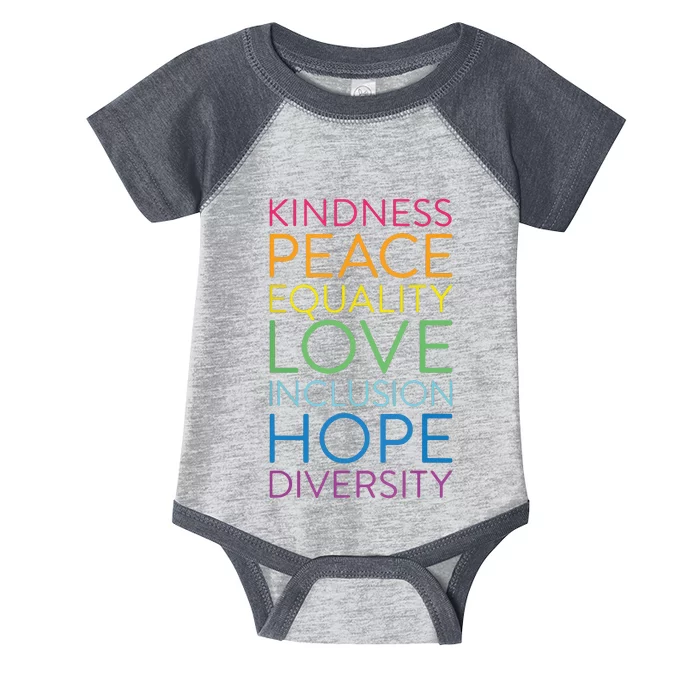 Peace Love Inclusion Equality Diversity Human Rights Infant Baby Jersey Bodysuit