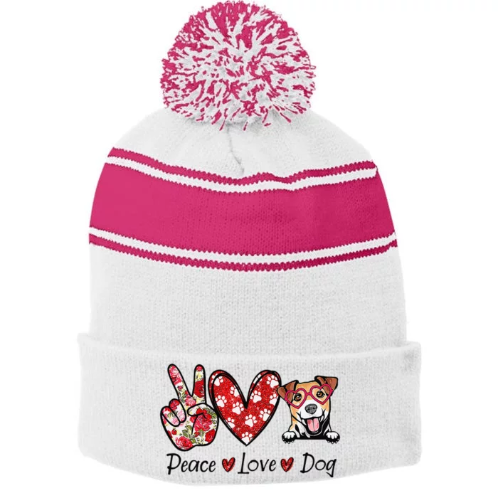 Peace Love Jack Russell Terrier Dog Lovers Leopard Stripe Pom Pom Beanie