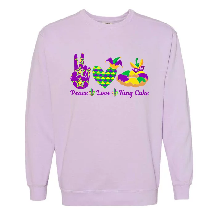 Peace Love King Cake Funny Mardi Gras Party Carnival Gift Garment-Dyed Sweatshirt