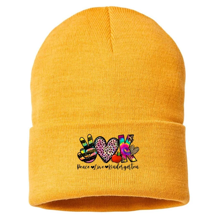 Peace Love Kindergarten Teacher Back To School Funny Sustainable Knit Beanie