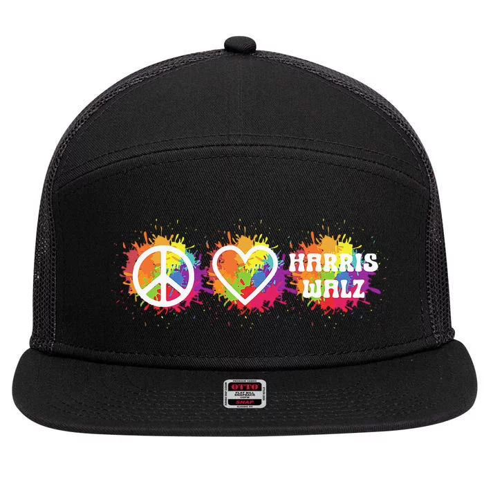 Peace Love Kamala Harris Walz Peace Sign Heart Harris Walz 7 Panel Mesh Trucker Snapback Hat