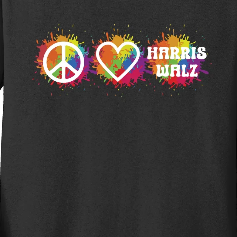 Peace Love Kamala Harris Walz Peace Sign Heart Harris Walz Kids Long Sleeve Shirt