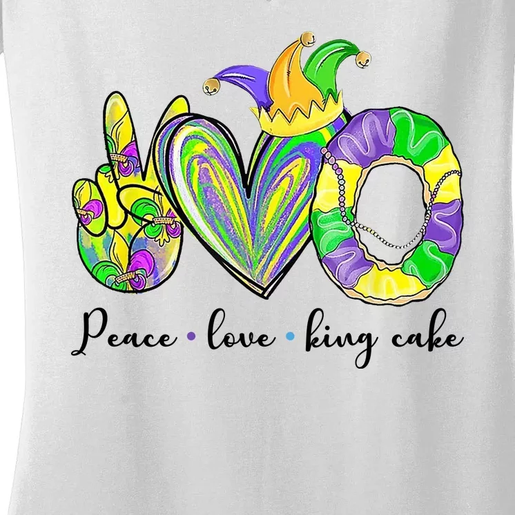 Peace Love King Cake Mardi Gras Women's V-Neck T-Shirt