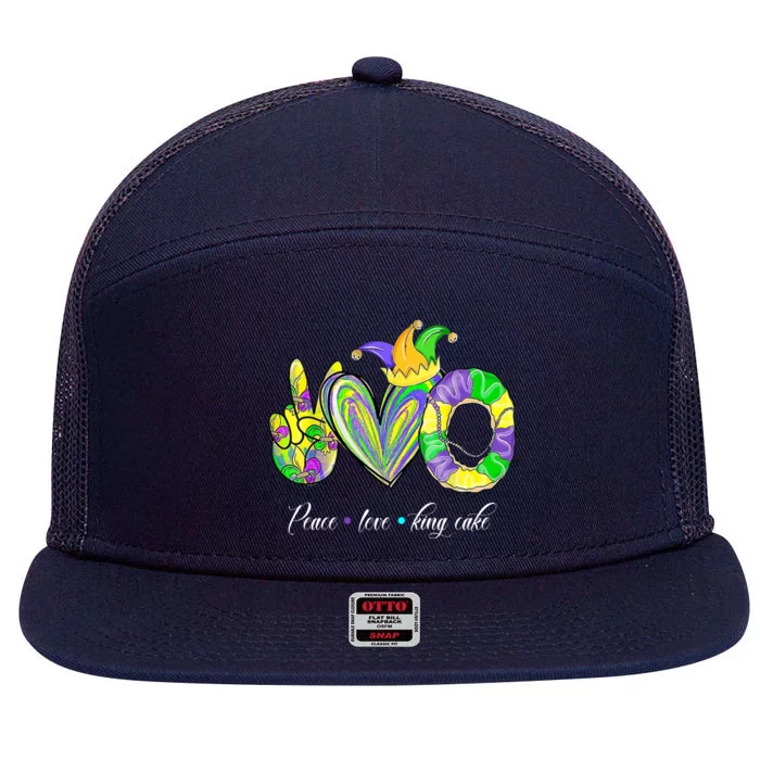 Peace Love King Cake Mardi Gras 7 Panel Mesh Trucker Snapback Hat