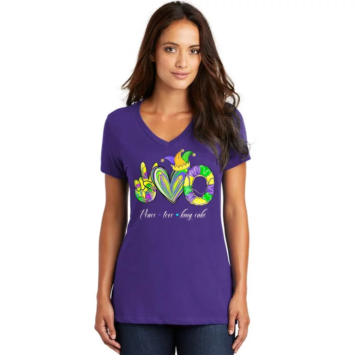 Peace Love King Cake Mardi Gras Women's V-Neck T-Shirt