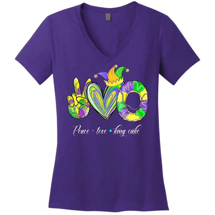 Peace Love King Cake Mardi Gras Women's V-Neck T-Shirt