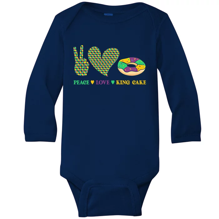 Peace Love King Cake Funny Mardi Gras King Cake Lover Gift Baby Long Sleeve Bodysuit