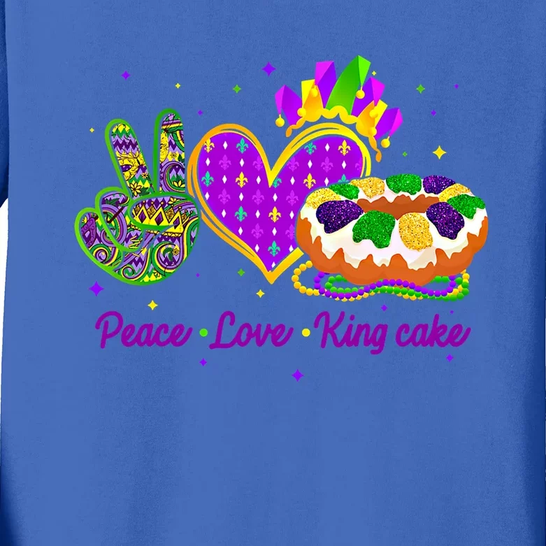 Peace Love King Cake Funny Mardi Gras Party Carnival Funny Gift Cute Gift Kids Long Sleeve Shirt