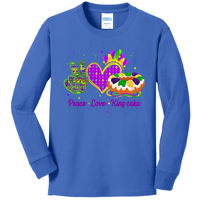 Peace Love King Cake Funny Mardi Gras Party Carnival Funny Gift Cute Gift Kids Long Sleeve Shirt