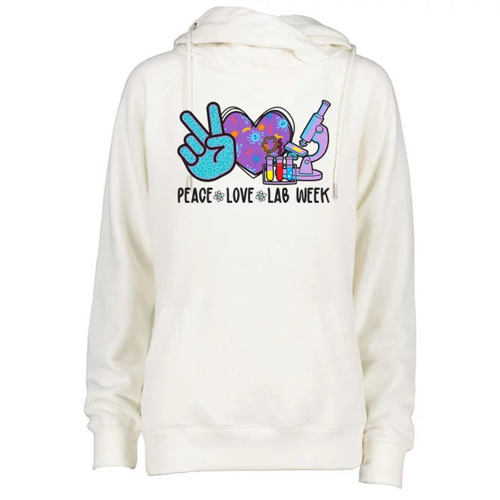 Peace Love Lab Week Science Fan Womens Funnel Neck Pullover Hood