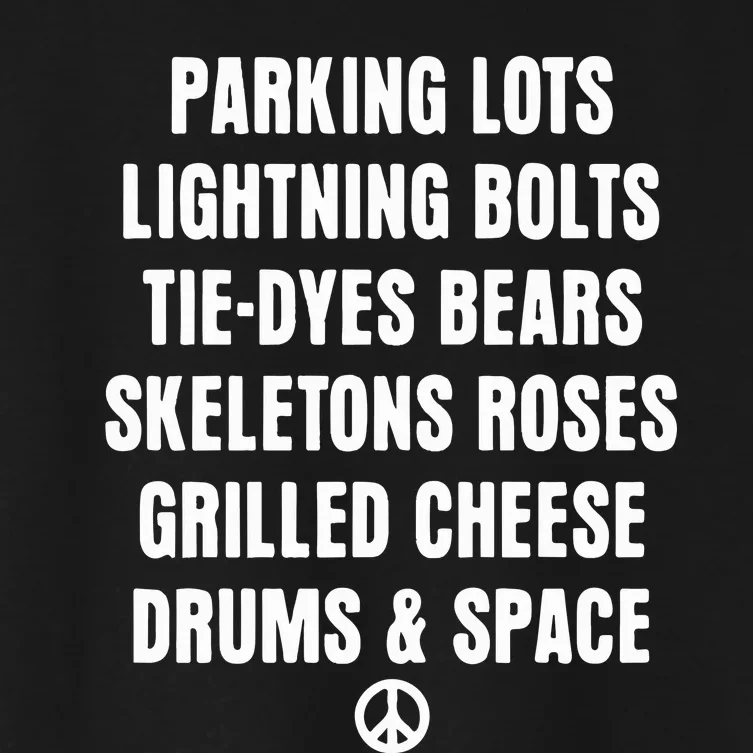 Parking Lots Lightning Bolts Tiedyes Bears Skeletons Roses Grilled Cheese Drums Women's Crop Top Tee