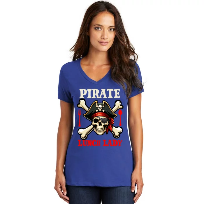 Pirate Lunch Lady Costume Skull Horror Pirate Funny Job Team Women's V-Neck T-Shirt