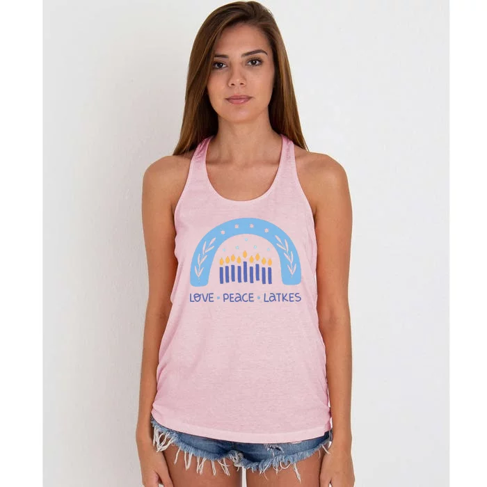 Peace Love Latkes Chanukka  Hanukkah Women's Knotted Racerback Tank