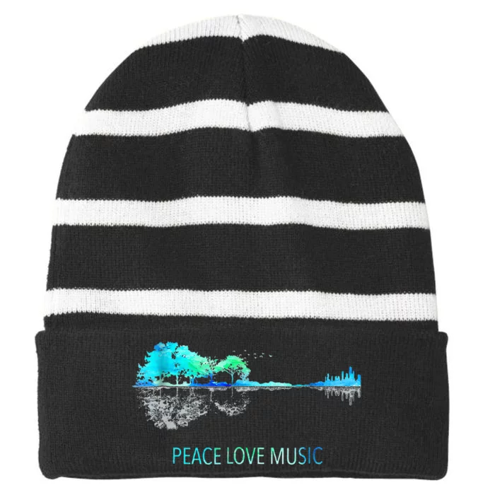 Peace Love Music Guitar Lake Shadow Hippie Striped Beanie with Solid Band