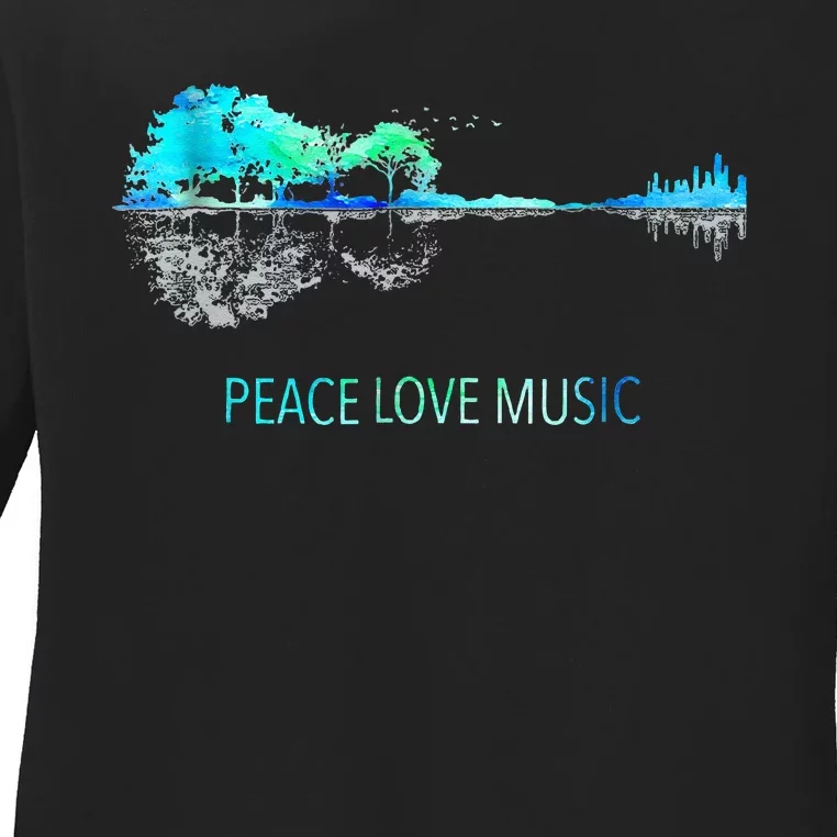 Peace Love Music Guitar Lake Shadow Hippie Ladies Long Sleeve Shirt