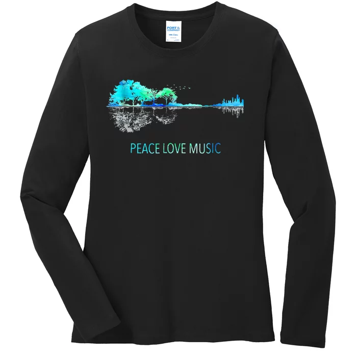 Peace Love Music Guitar Lake Shadow Hippie Ladies Long Sleeve Shirt