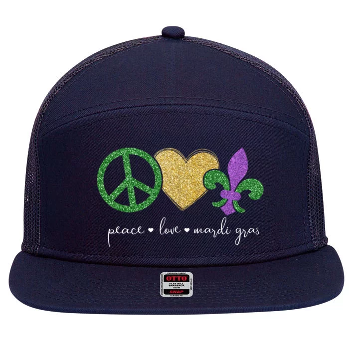 Peace Love Mardi Gras With Fleur De Lis In New Orleans Gift 7 Panel Mesh Trucker Snapback Hat