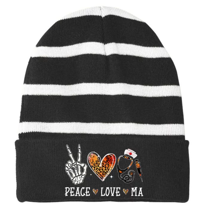 Peace Love MA Nurselife Medical Assistant Halloween Nurse Striped Beanie with Solid Band