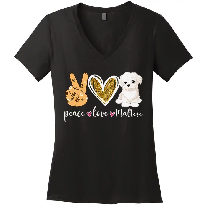 Peace Love Maltese Dog Fun Maltese Lover Dog Dad Dog Mom Women's V-Neck T-Shirt