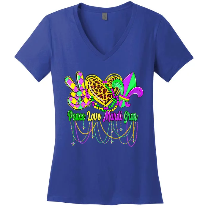 Peace Love Mardi Gras Beads Carnival Costume Parade Women's V-Neck T-Shirt