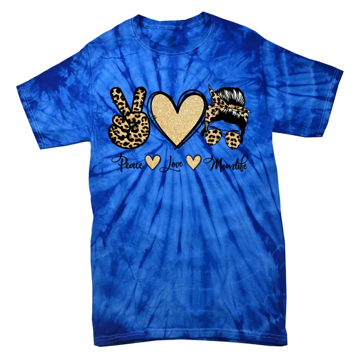 Peace Love Mom Life Trendy Leopard Messy Bun Mama Gift Tie-Dye T-Shirt