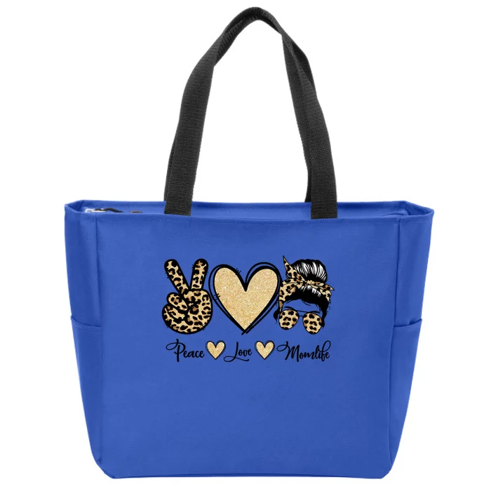 Peace Love Mom Life Trendy Leopard Messy Bun Mama Gift Zip Tote Bag