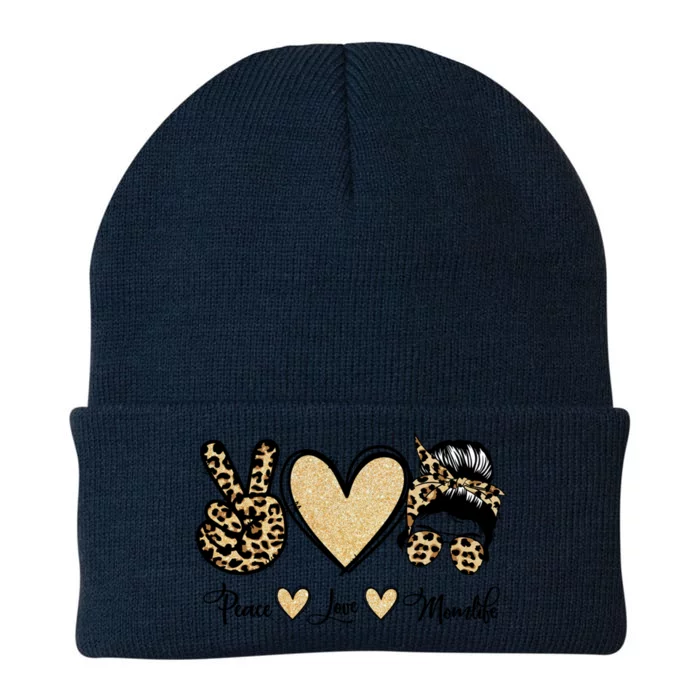 Peace Love Mom Life Trendy Leopard Messy Bun Mama Gift Knit Cap Winter Beanie