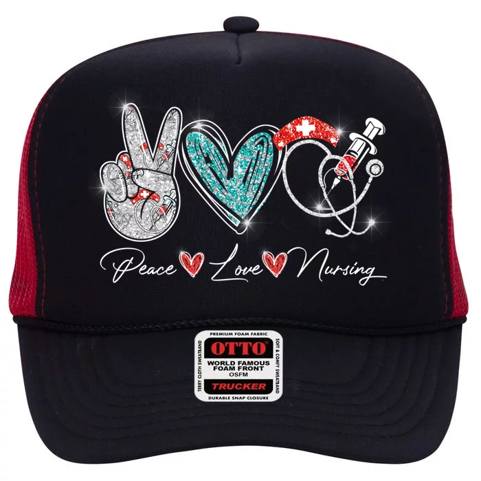 Peace Love Nursing Leopard Heart Stethoscope Nurse Life Cute Gift High Crown Mesh Trucker Hat