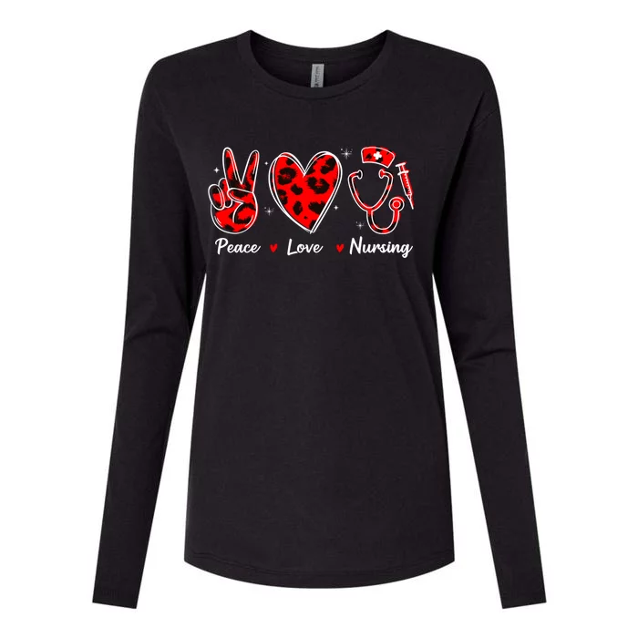 Peace Love Nursing Nurse Leopard Heart Print Stethoscope Red Cute Gift Womens Cotton Relaxed Long Sleeve T-Shirt