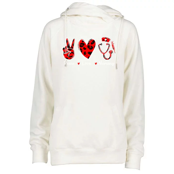 Peace Love Nursing Nurse Leopard Heart Print Stethoscope Red Cute Gift Womens Funnel Neck Pullover Hood