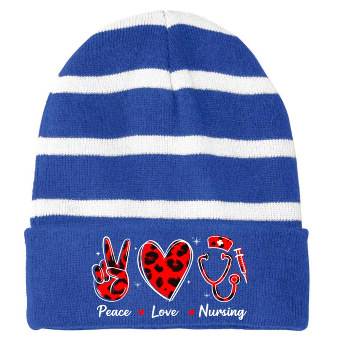 Peace Love Nursing Nurse Leopard Heart Print Stethoscope Red Cute Gift Striped Beanie with Solid Band